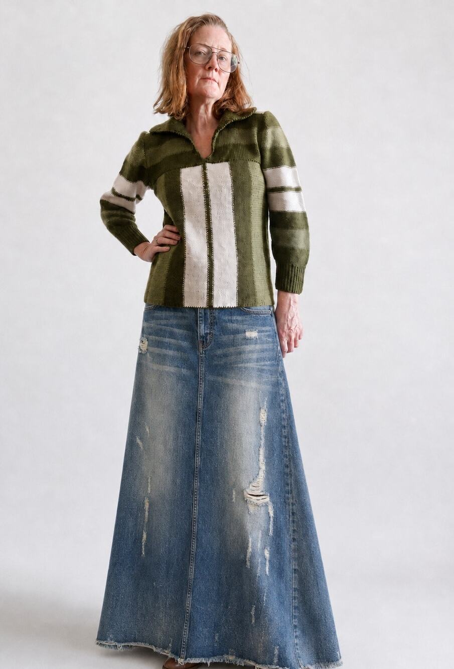 Vintage 70s Knit Sweater Size M Collared Green Striped Retro Fall Vibes Mod